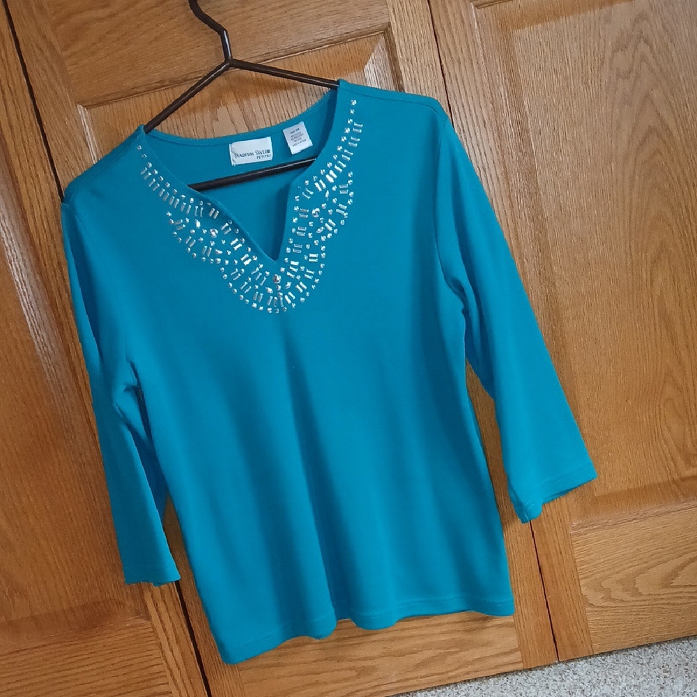Madison Taylor Teal Embellished Blouse with 3/4 Sleeves Size PS
